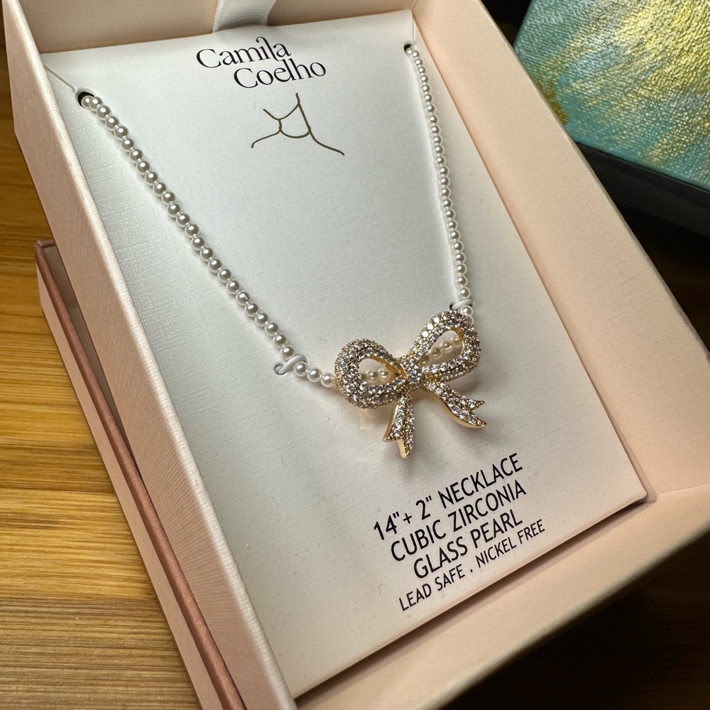 Camila Coelho Silver Cubic Zirconia Bow Necklace on strand of small faux pearls - Picture 8 of 10